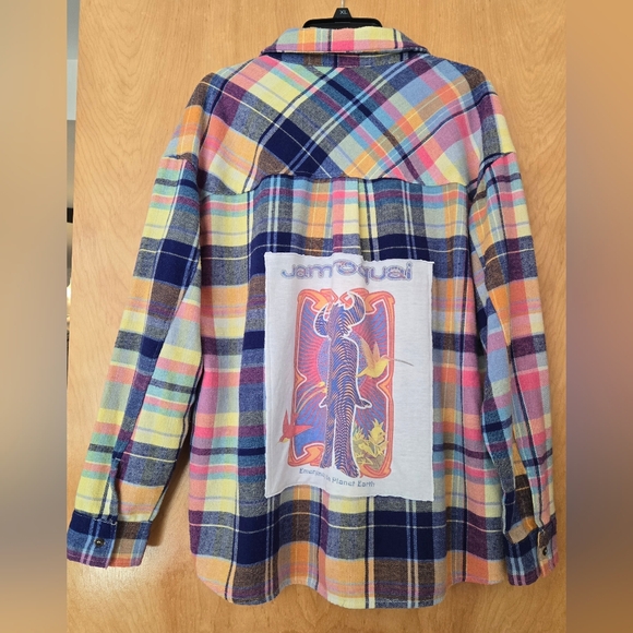 Staccato Tops - Upcycled Rainbow Jamiroquai Band Tee Soft Flannel Rock Top